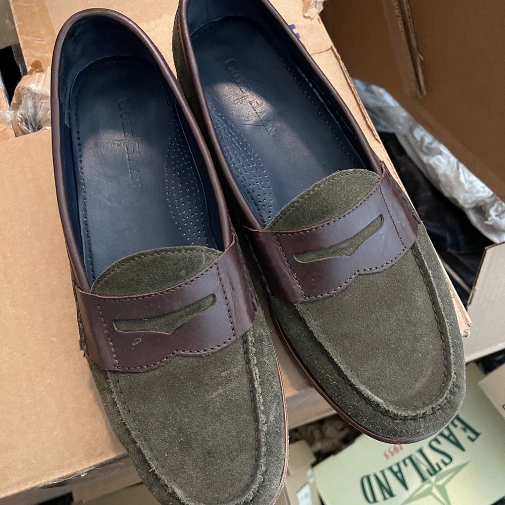 Men's Cole Haan Suede Penny Loafers in Olive with Brown Trim